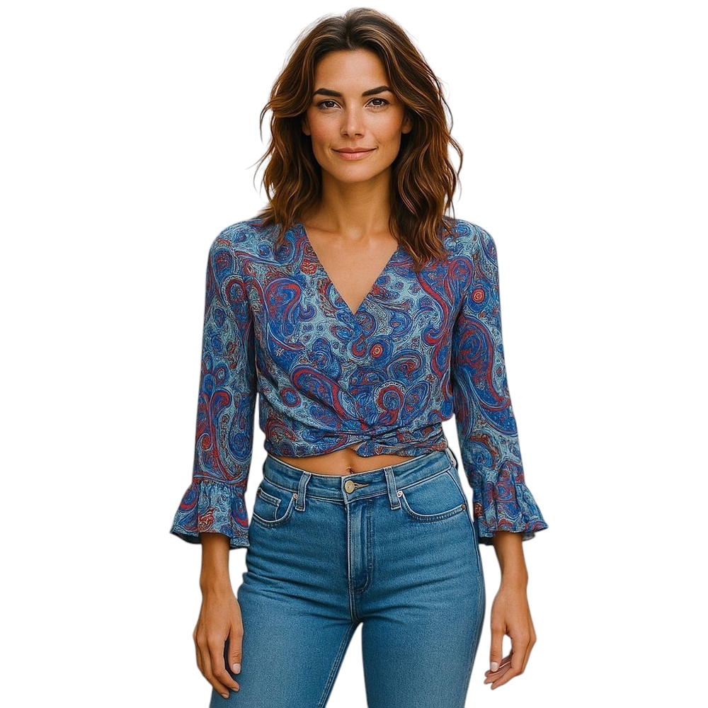 Silk Paisley Tie Waist Wrap Flutter Bell Sleeves Women's Top Women's Size S/M